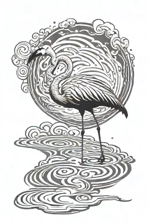 A black-grey tattoo of a flamingo gracefully standing in shallow water with waves gently lapping at its feet tattoo design idea
