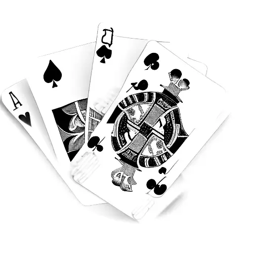 four playing cards all from the clubs suit, the number 7, queen, king, and ace.  tattoo design idea