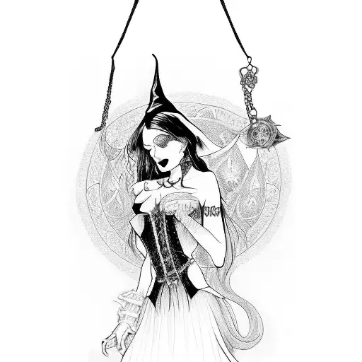 a realistic and beautiful witch with long black hair, gothic victorian dress, victorian necklace, black cat eyeliner tattoo design idea