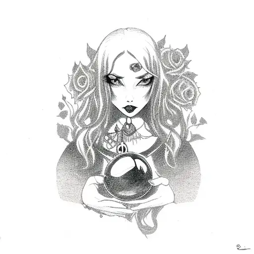 witch with long black hair, gothic dress and necklace, black cat style eyeliner, holding a crystal ball and roses around tattoo design idea