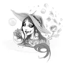 witch with long black hair, gothic dress and necklace, black cat style eyeliner, holding a crystal ball and roses around tattoo design idea