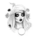 witch with long black hair, gothic dress and necklace, black cat style eyeliner, holding a crystal ball and roses around tattoo design idea