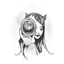 witch with long black hair, gothic dress and necklace, black cat style eyeliner, holding a crystal ball and roses around tattoo design idea