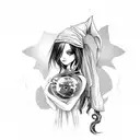 witch with long black hair, gothic dress and necklace, black cat style eyeliner, holding a crystal ball and roses around tattoo design idea