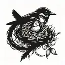 gemini symbol "II" symbol with a birds nest around the base, and a wren bird sitting on top tattoo design idea