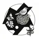 gemini symbol "II" symbol with a birds nest around the base, and a wren bird sitting on top tattoo design idea