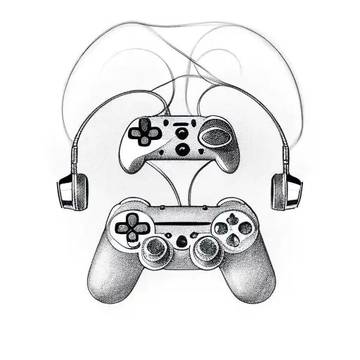 A gaming controller intertwined with musical instruments tattoo design idea