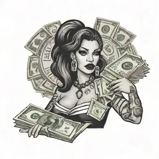A black seductive femme fatale holding a stack of cash and dollar sign tattoos With the word bad in it tattoo design idea