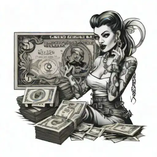A seductive femme fatale holding a stack of cash with a background of city lights and dollar signs tattoo design idea