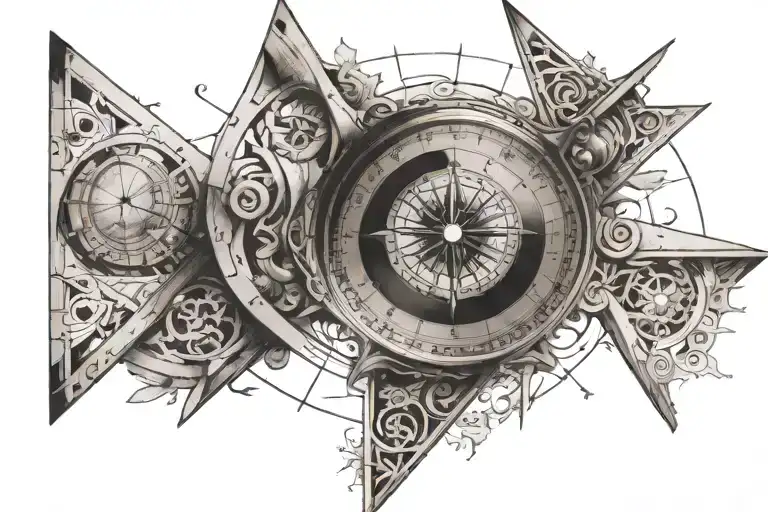 Create a tattoo of a carpenter's compass surrounded by intricate geometric patterns inspired by geodesy tattoo design idea