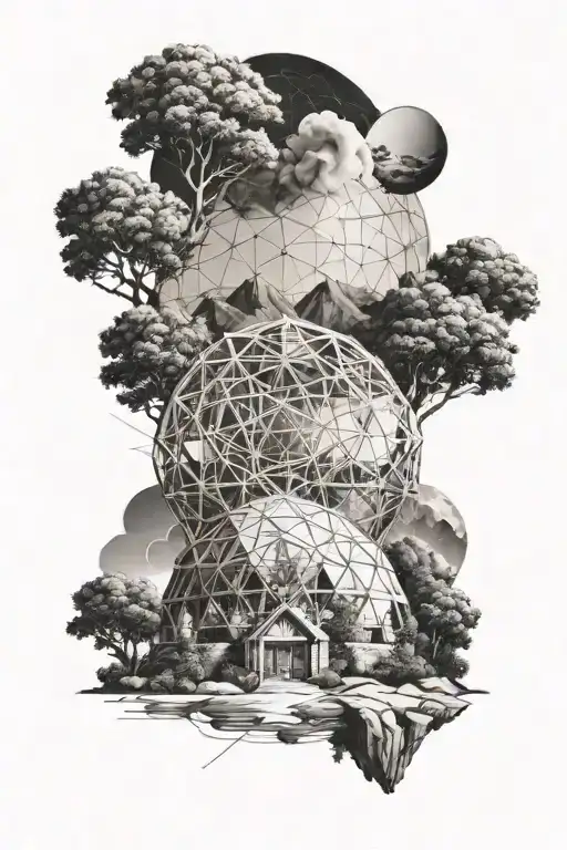 Create a tattoo of a geodesic dome structure surrounded by intricate topographic patterns, inspired by the client's love for topography and geodesy tattoo design idea