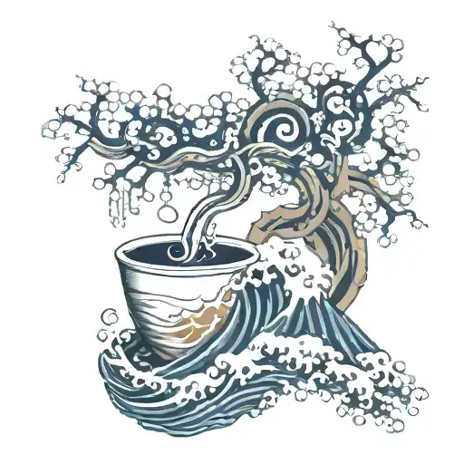 A caffeine molecule intertwined with traditional Japanese wave patterns tattoo design idea