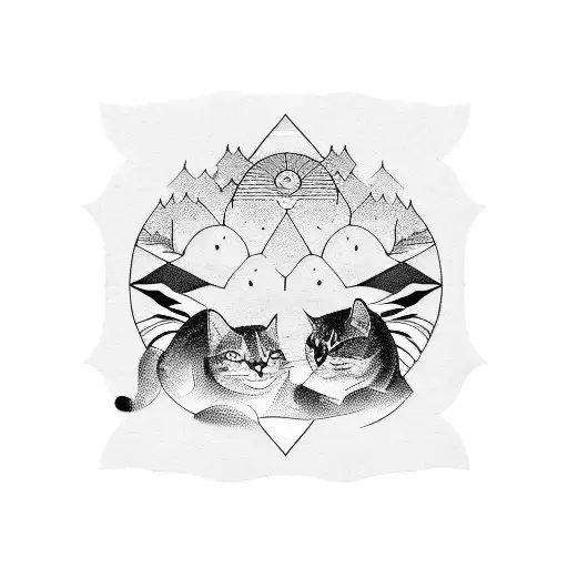 A blackwork tattoo design featuring a mesmerizing sunset landscape with silhouettes of cats in various poses, symbolizing the tranquility of your favorite things tattoo design idea