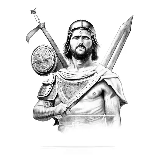 A Roman gladiator holding a manager's briefcase instead of a sword, standing triumphantly in front of the Roman Forum tattoo design idea
