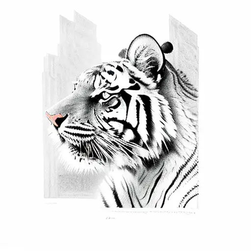 It shows a tiger's head with a laurel wreath on its head standing on the ruins of Roman columns. In the background is a  tattoo design idea