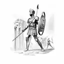 A Roman gladiator holding a manager's briefcase instead of a sword, standing triumphantly in front of the Roman Forum tattoo design idea