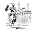 A Roman gladiator holding a manager's briefcase instead of a sword, standing triumphantly in front of the Roman Forum tattoo design idea