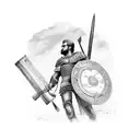 A Roman gladiator holding a manager's briefcase instead of a sword, standing triumphantly in front of the Roman Forum tattoo design idea