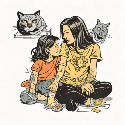 mom WHO IS looking at her child. child lower than mom. not full Faces. mom with dark long hair. Son with blonde hair. tattoo design idea