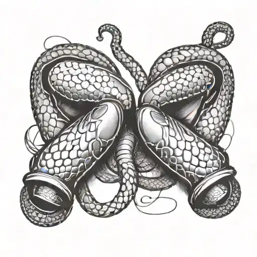 An abstract representation of boxing gloves intertwined with a snake, symbolizing strength and agility tattoo design idea