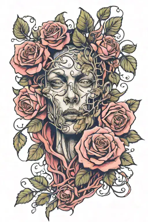 a bident wrapped in rose vine, some flowers wilted and others healthy tattoo design idea