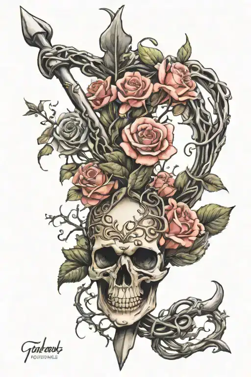 a trident missing the middle prong wrapped in rose vine, some flowers wilted and others healthy tattoo design idea