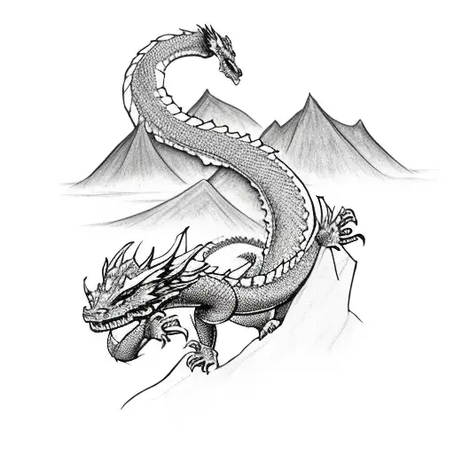 dragon surrounded by a mountain, river, kingsnake, and tree tattoo design idea