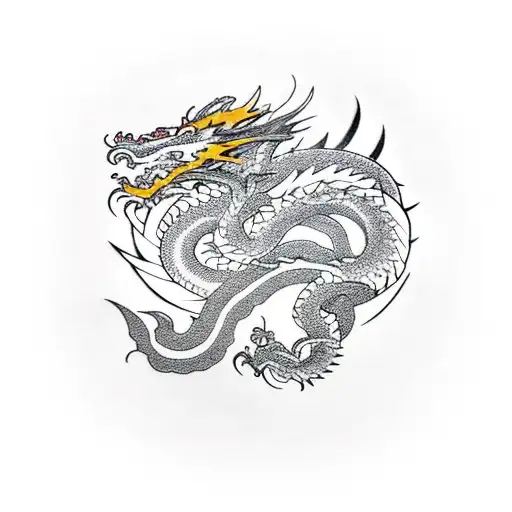 dragon surrounded by a mountain, river, kingsnake, and tree tattoo design idea