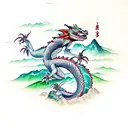 dragon surrounded by a mountain, river, kingsnake, and tree tattoo design idea