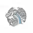 dragon surrounded by a mountain, river, kingsnake, and tree tattoo design idea