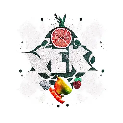 A new-school tattoo of a blackout sleeve featuring various food items like fruits, vegetables, and spices in a bold and abstract style tattoo design idea
