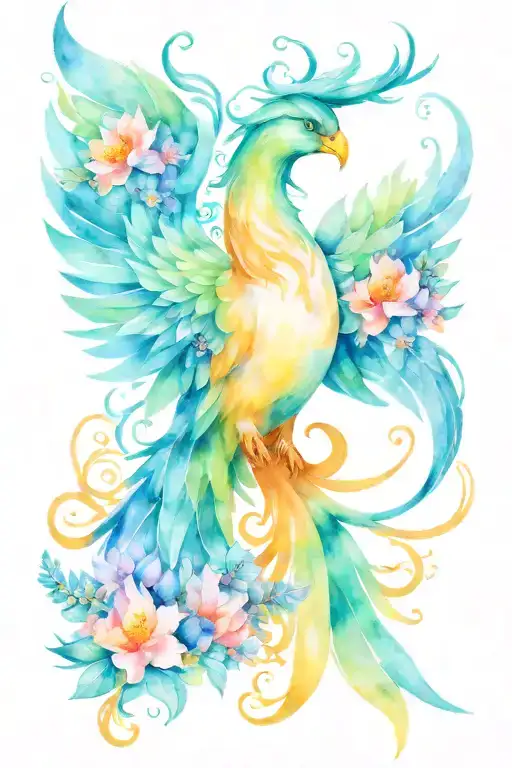 feminine rising phoenix with larkspur flowers blooming tattoo design idea