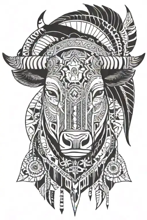 head of a bull in aboriginal head dress with a tipi an hourglass and 2 magpies with a bow and arrow tattoo design idea
