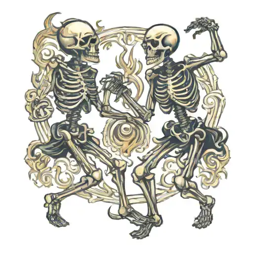 two skeletons dancing over a fire tattoo design idea