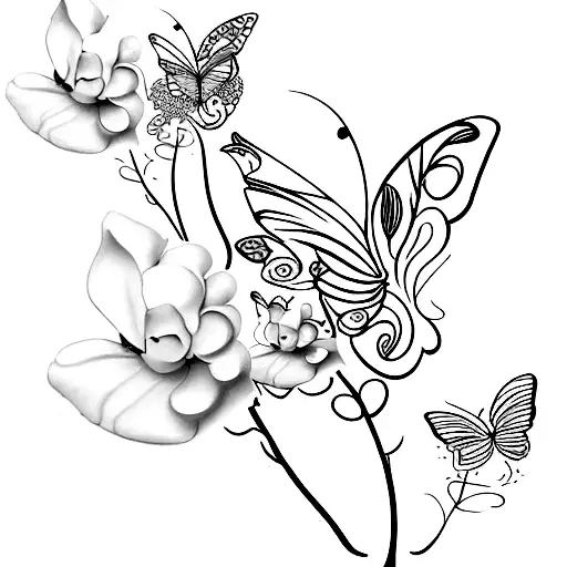 cat roses butterfly tattoo design idea