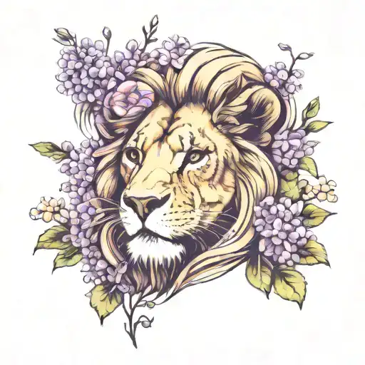 lion and lilacs blooming in a meadow tattoo design idea