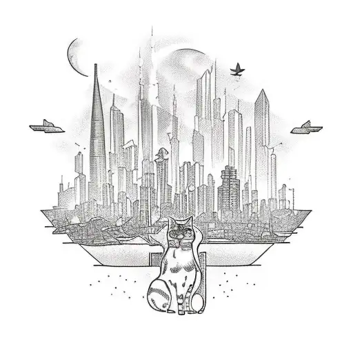 A tattoo design of a futuristic cityscape powered by solar panels, with your daughter Gabriela playing with a cat and a dog in the foreground, symbolizing your family and environmental values tattoo design idea