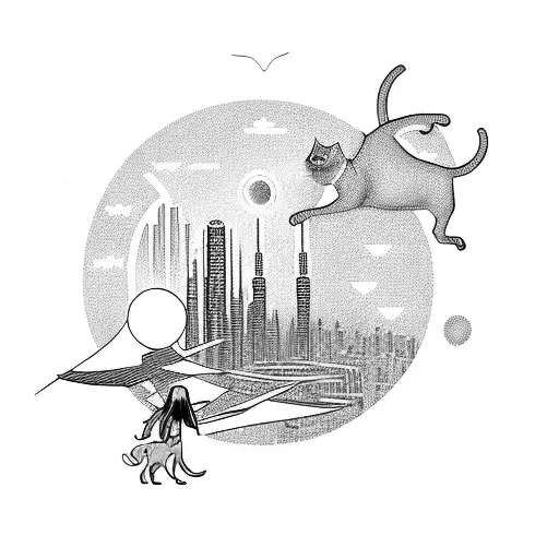A tattoo design of a futuristic cityscape powered by solar panels, with your daughter Gabriela playing with a cat and a dog in the foreground, symbolizing your family and environmental values tattoo design idea