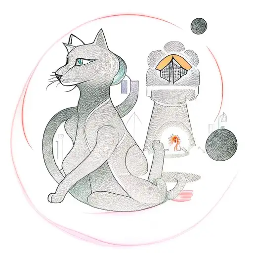 A tattoo design of a futuristic cityscape powered by solar panels, with your daughter Gabriela playing with a cat and a dog in the foreground, symbolizing your family and environmental values tattoo design idea