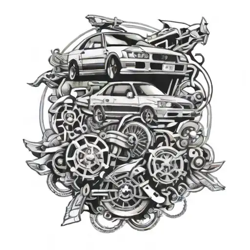 Design a half-sleeve featuring a collage of iconic 1990s Japanese car logos, like Honda, Subaru, and Mitsubishi, intertwined with intricate mechanical details tattoo design idea