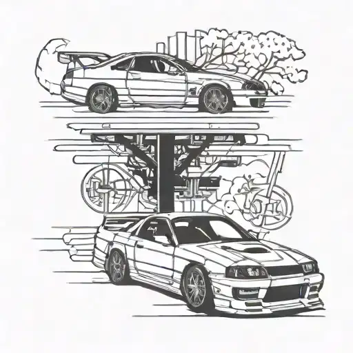 Incorporate a detailed silhouette of a classic 1990s Japanese sports car, like a Nissan Skyline or Toyota Supra, into a larger automotive-themed sleeve design tattoo design idea