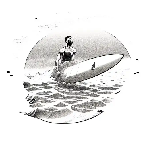sun and a surfboard with waves tattoo design idea