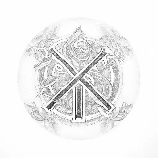 large Circle with AB initials inside, surrounded by dainty leaf and swirl designs. All connected. wax seal monogram tattoo design idea