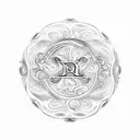 large Circle with AB initials inside, surrounded by dainty leaf and swirl designs. All connected. wax seal monogram tattoo design idea