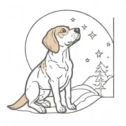 A minimalist design of a beagle howling at the moon, symbolizing the client's connection to nature and love for dogs tattoo design idea