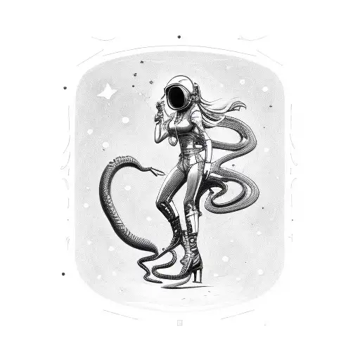space cowgirl pinup, snake, alien, lasso, horse,  tattoo design idea