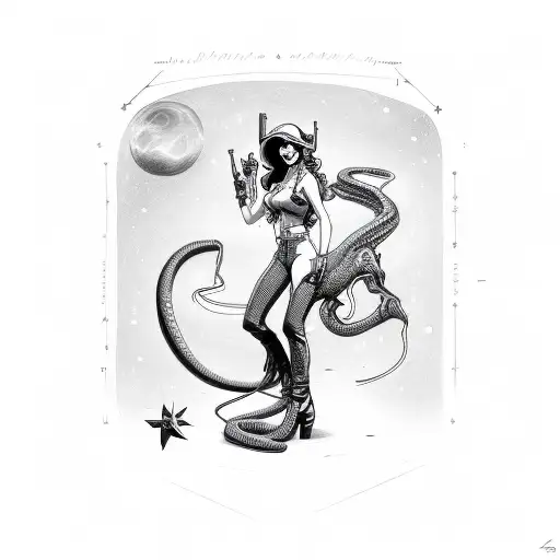 space cowgirl pinup, snake, alien, lasso, horse,  tattoo design idea