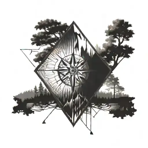 Create a tattoo in a diamond shape with mountains and wood  and add compass needles to the edges tattoo design idea