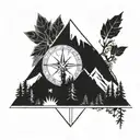 Create a tattoo in a diamond shape with mountains and wood  and add compass needles to the edges tattoo design idea