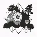 Create a tattoo in a diamond shape with mountains and wood  and add compass needles to the edges tattoo design idea